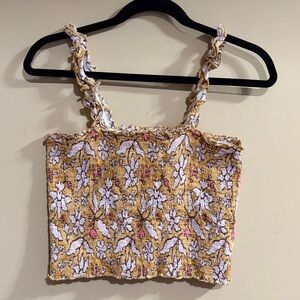 Aerie Tan Floral Smocked Cropped Tank Top Medium